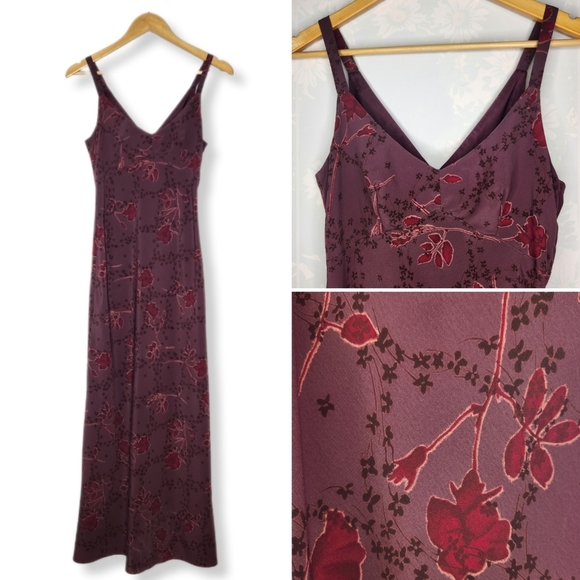 VINTAGE 1990s Beyer Too! Burgundy Cottage Floral Slip Maxi Dress Size 5 - Picture 2 of 13